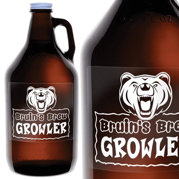Two growler bottles with clear labels