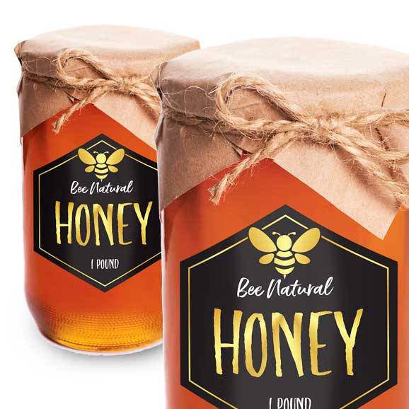 Honey jars with faux foil labels