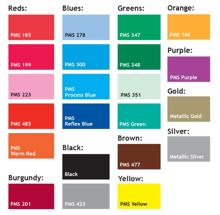 Chart of standard spot color swatches with PMS numbers