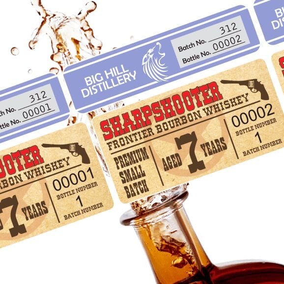 Batch label examples over a splashing bourbon bottle