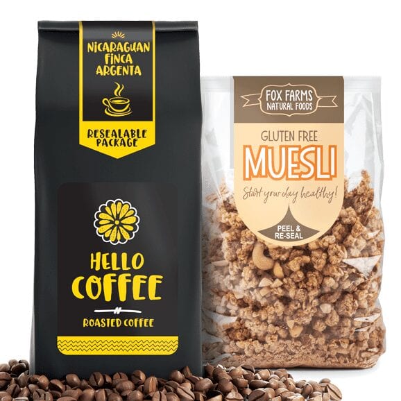 Photo of coffee bag and muesli bag with Peel and Reseal Labels